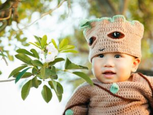Handmade crochet baby pacifier clip with wooden beads
