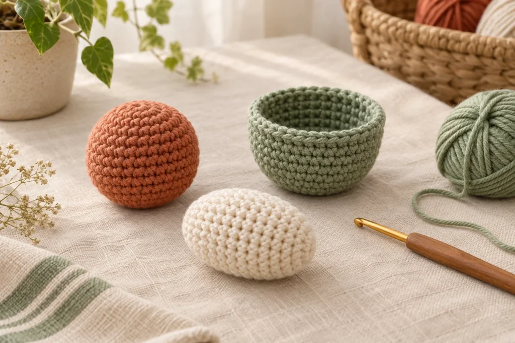 Amigurumi for Beginners: Your First Shapes and Round Counts Simple crocheted ball, cup and oval practice shapes on linen, AI-generated illustration.