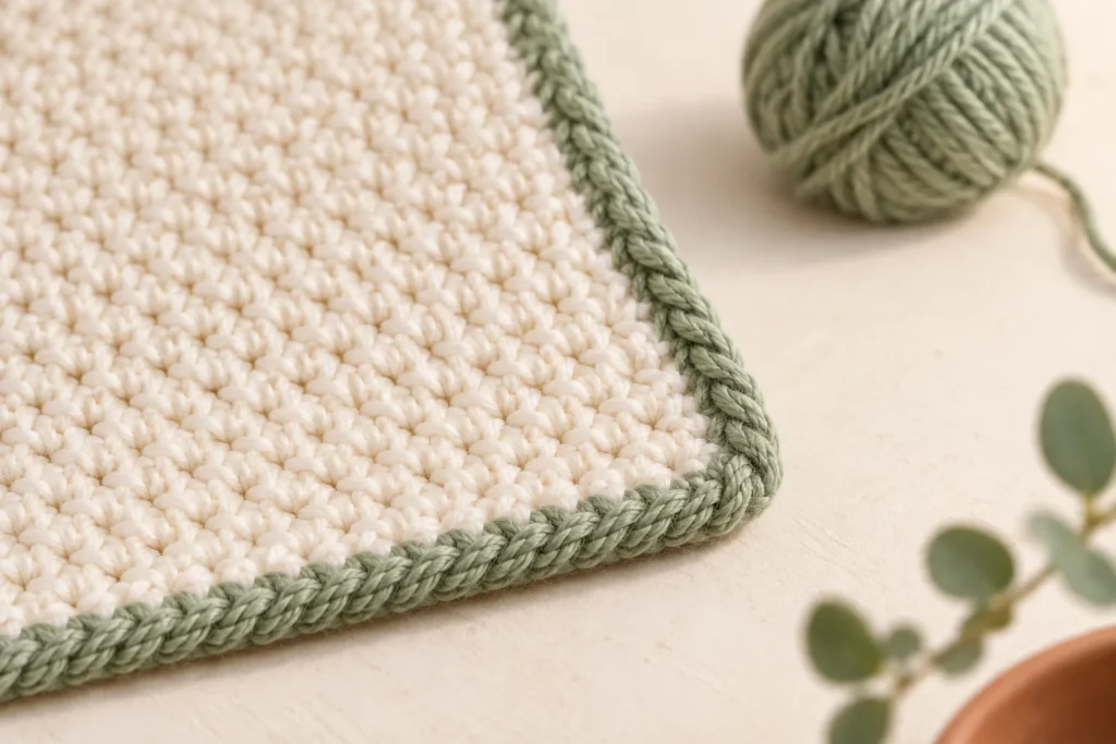 Crab Stitch Crochet: Make a Neat Reverse Single Crochet Edge Ivory crochet fabric with a narrow sage cordlike border, AI-generated illustration.