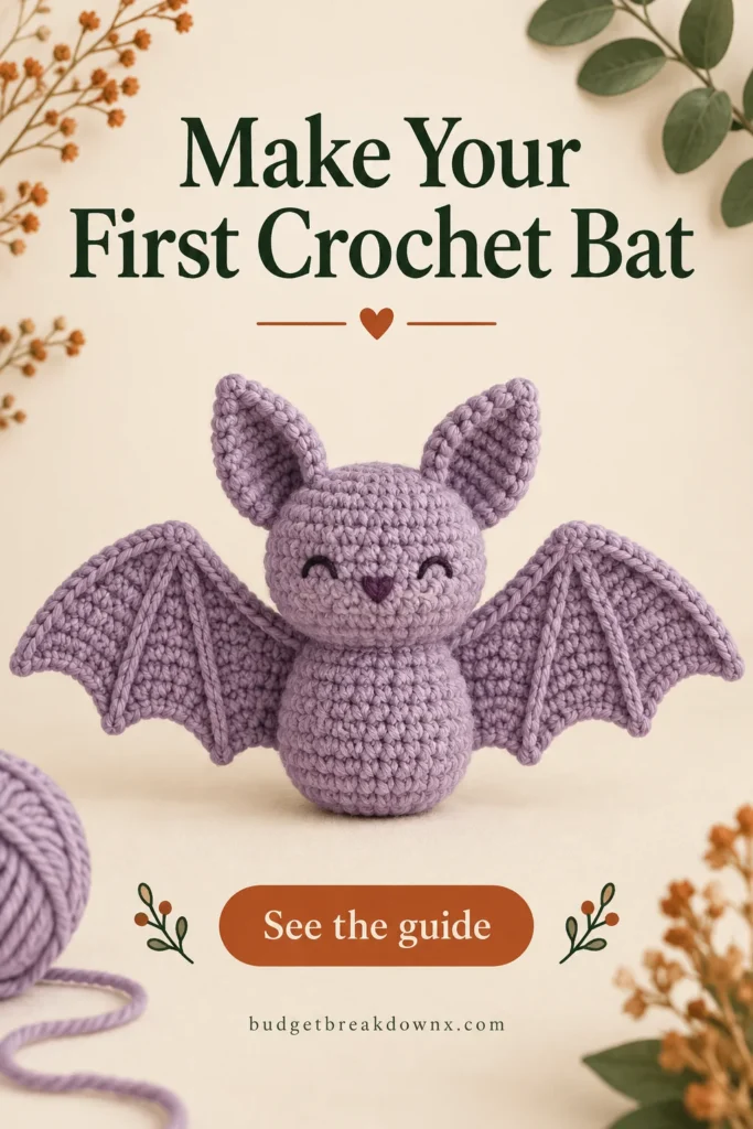 Crochet Bat Pattern Guide: Wings, Yarn and Assembly Original lavender crochet bat concept with two symmetric wide wings, two pointed ears, small embroidered eyes and a simple oval body on cream — concept illustration