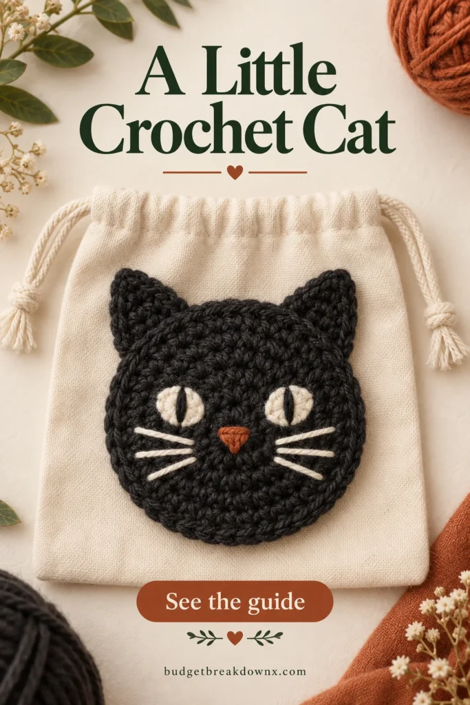 Crochet Black Cat Applique: Circle, Ears and Face A FLAT charcoal black crochet cat HEAD applique: round disc, two small triangular pointed ears, embroidered cream eyes and whiskers, rust orange tiny nose — concept illustration