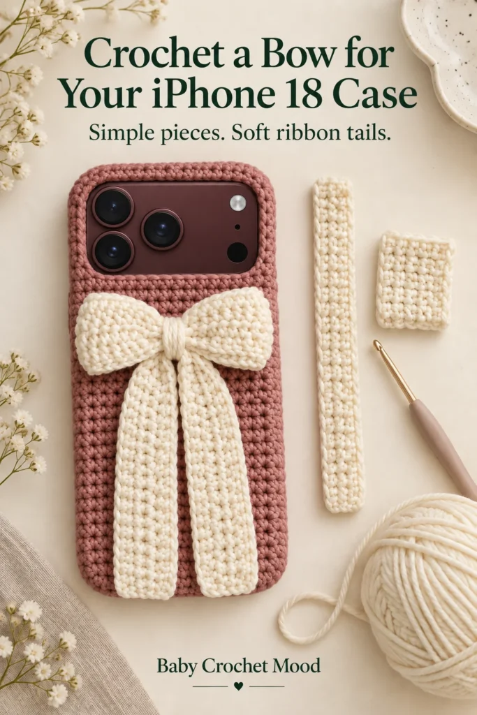 Crochet Bow Pattern for an iPhone 18 Case: Long Tails Dusty-rose crochet case with the wide iPhone 18 Pro camera layout, an ivory bow and two long tails beside crochet practice pieces.