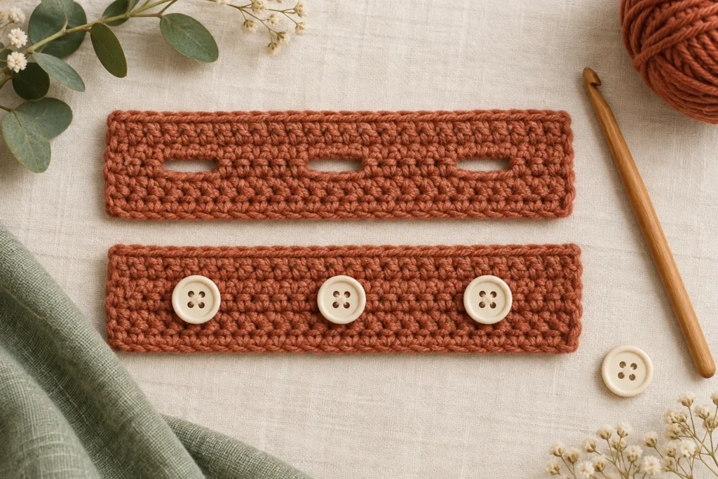 How to Crochet Buttonholes: Size, Spacing and a Practice Band Two terracotta crochet bands showing buttonhole slots and cream buttons, AI-generated illustration.
