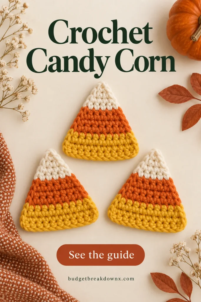 Three flat triangular crochet candy corn motifs: cream pointed tips at TOP, orange middles, wide golden yellow bases at BOTTOM — concept illustration