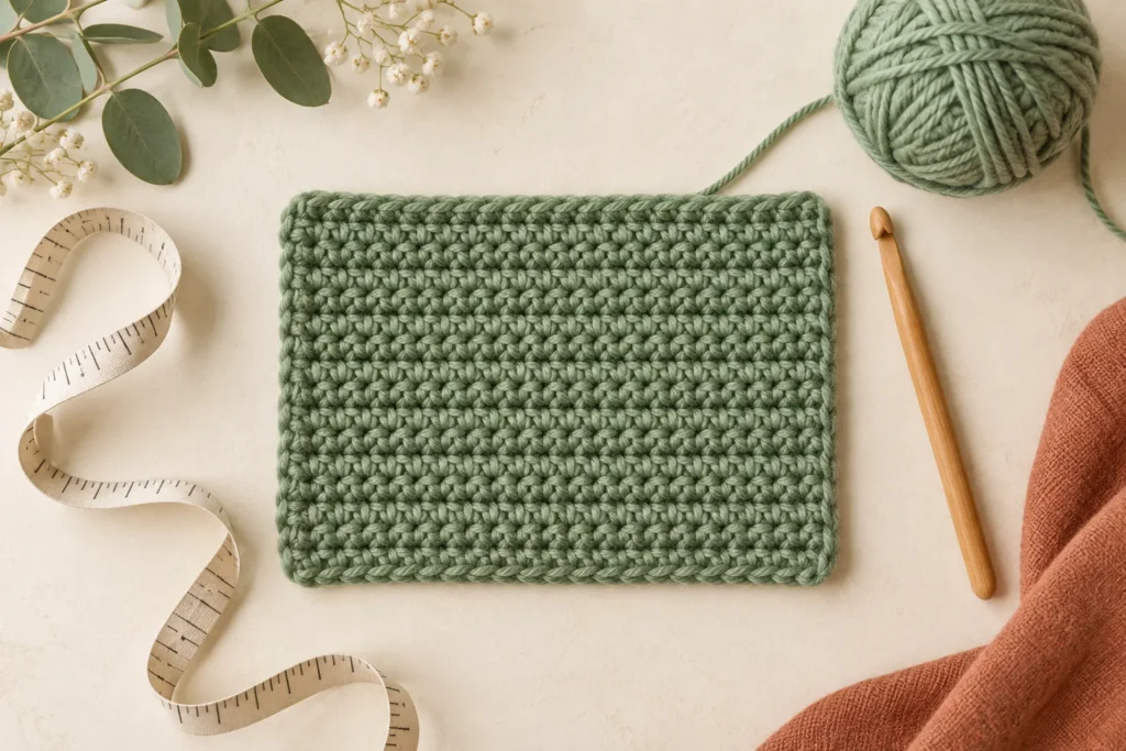 Crochet Gauge Swatch: Measure Stitches and Fix the Size Sage crochet swatch beside a measuring tape, yarn and wooden hook, AI-generated illustration.