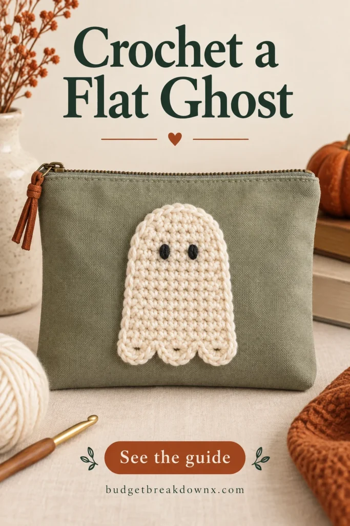 Crochet Ghost Applique: A Flat Motif for Halloween One clearly FLAT cream crochet ghost applique, rectangular lower body, rounded tapered top, straight bottom with three tiny chain-loop scallops, two small embroidered charcoal eyes — concept illustration