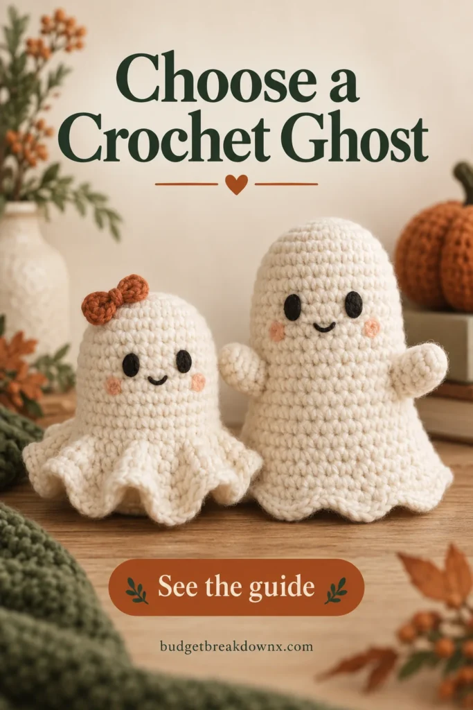 Crochet Ghost Patterns: Two Free Designer Options Compared Two original stylized cream crochet ghost concepts sitting side by side, one small with a ruffled skirt and one taller with a rounded body and small outstretched arms, embroidered eyes, no claims of representing any exact designer pattern. — concept illustration