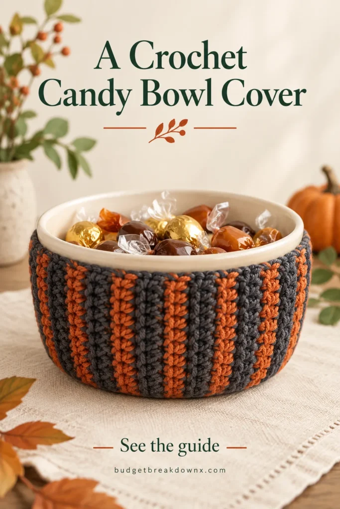 Crochet Halloween Candy Bowl Cover: Measure a Better Fit A straight-sided ceramic bowl wearing a snug charcoal and orange ribbed crochet sleeve only on its OUTSIDE — concept illustration