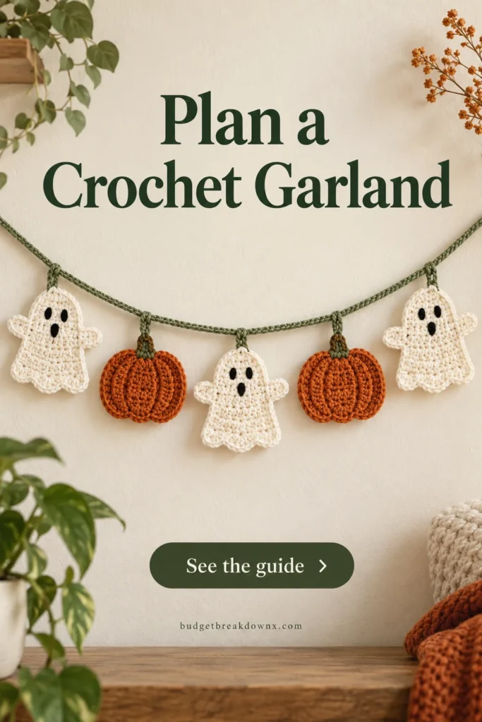 A crochet garland on a neutral wall alternating three flat cream ghost motifs and two flat orange pumpkin silhouettes, attached securely at two points per motif to a sage crocheted cord — concept illustration