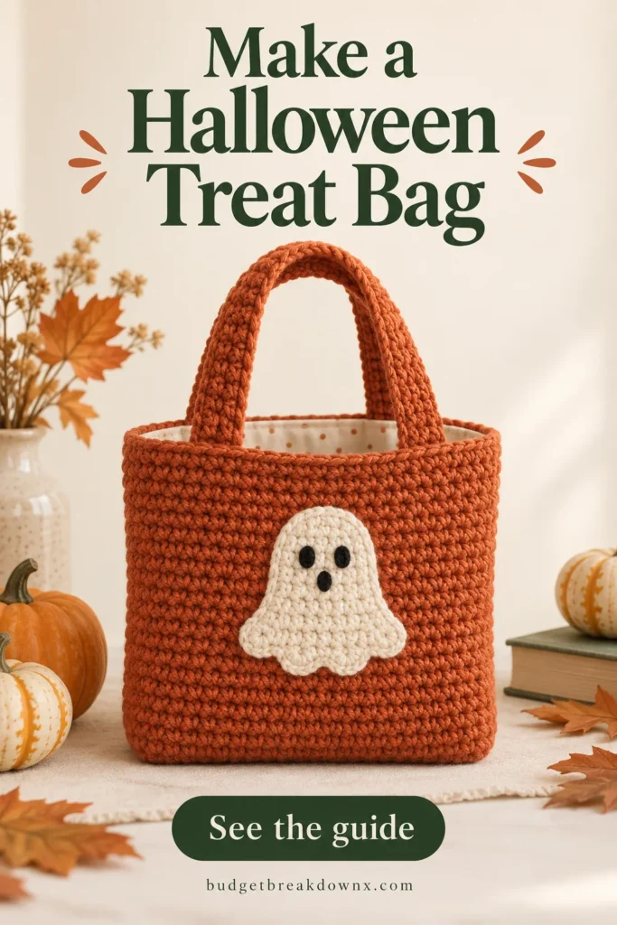 Crochet Halloween Treat Bag: Panels, Handles and Lining A small rust-orange crochet tote made from two simple rectangular dense crochet panels, two short matching flat handles, a small cream ghost applique on front and cream fabric lining visible inside — concept illustration