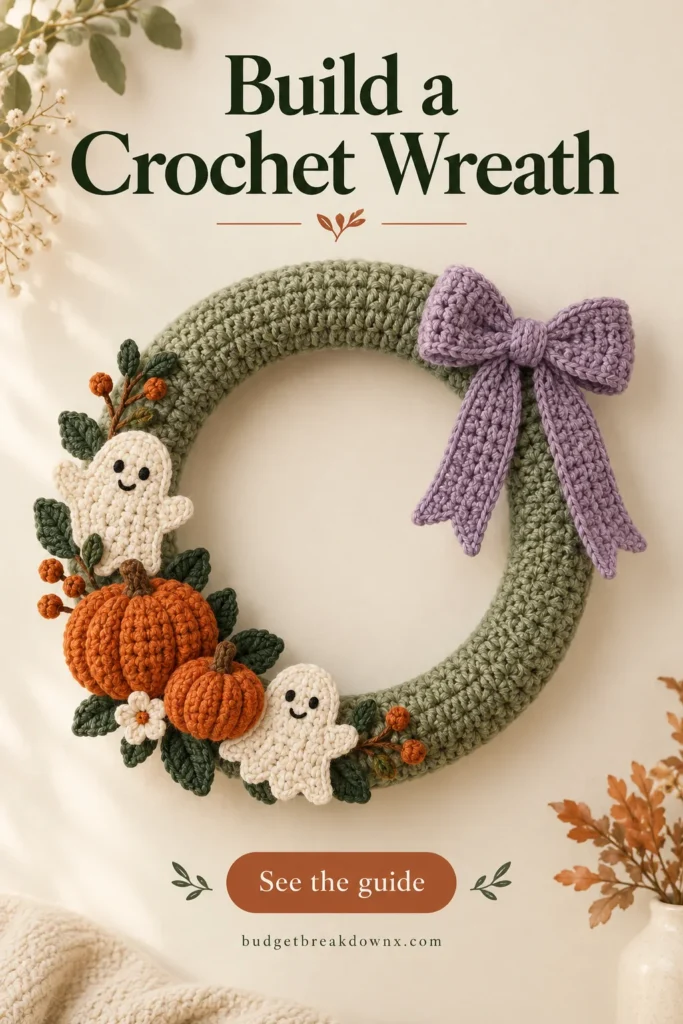 Crochet Halloween Wreath: Build a Balanced Display A circular wreath ring wrapped neatly with muted sage crochet chain cord — concept illustration