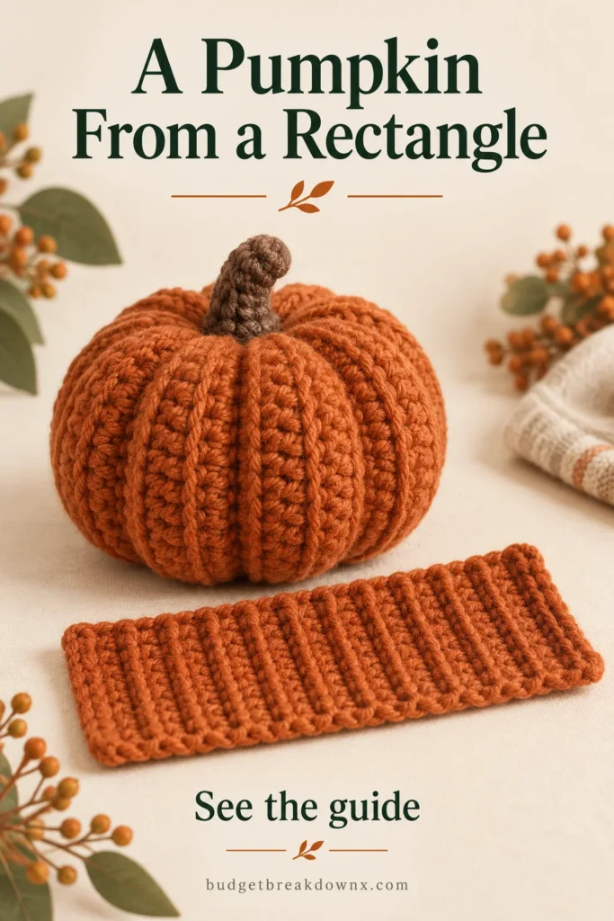 Crochet Pumpkin from a Rectangle: Ribbing and Shaping A squat rust orange ribbed yarn pumpkin with a short brown crocheted stem — concept illustration