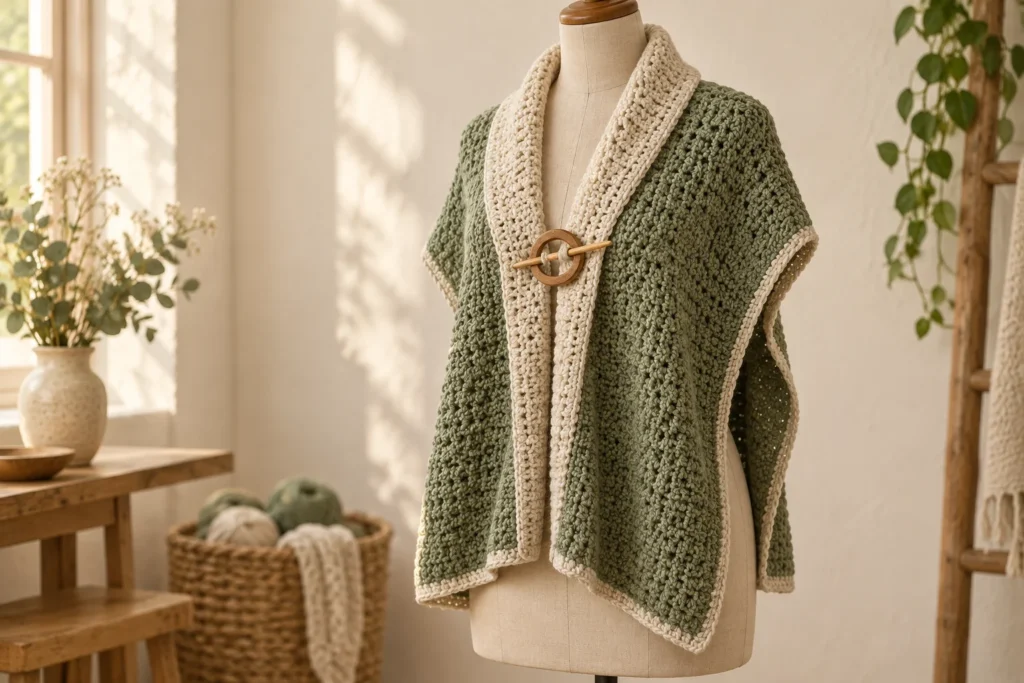 Crochet Cape with a Shawl Collar: Plan a Two-Tone Wrap Sage green crochet cape with an oatmeal shawl collar and wooden closure on a dress form, AI-generated design illustration.