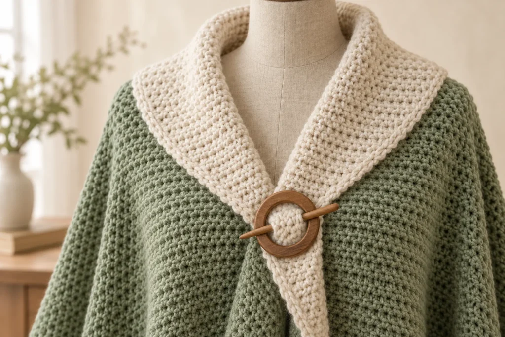 Crochet Cape with a Shawl Collar: Plan a Two-Tone Wrap Close view of an oatmeal fold-back collar and wooden shawl ring on a sage crochet cape, AI-generated design illustration.