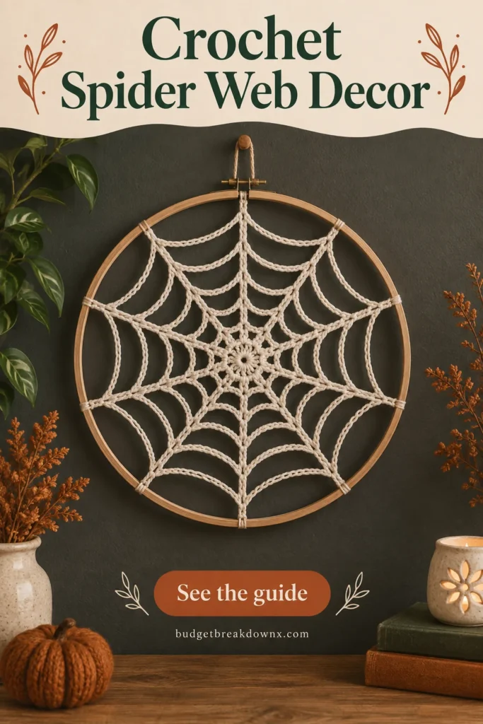 A delicate cream crocheted spiderweb stretched evenly inside a simple wooden embroidery hoop, radial spokes and concentric chain-mesh rings visible against a charcoal wall — concept illustration