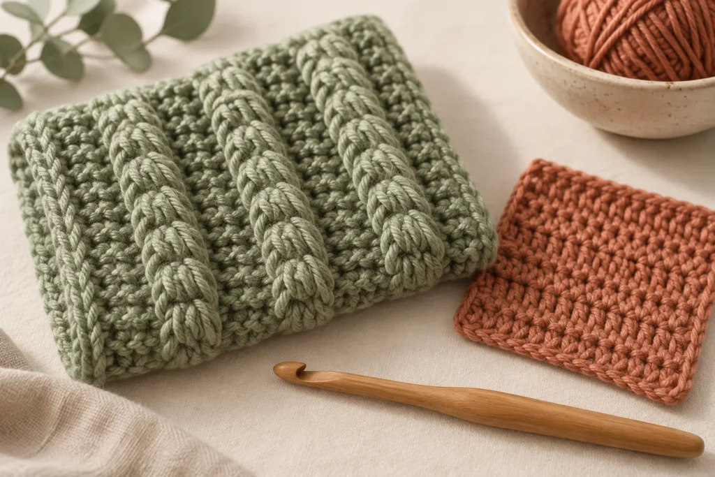 Front Post vs Back Post Double Crochet: A Beginner Guide Textured sage crochet sample with raised columns beside a terracotta swatch, AI-generated illustration.