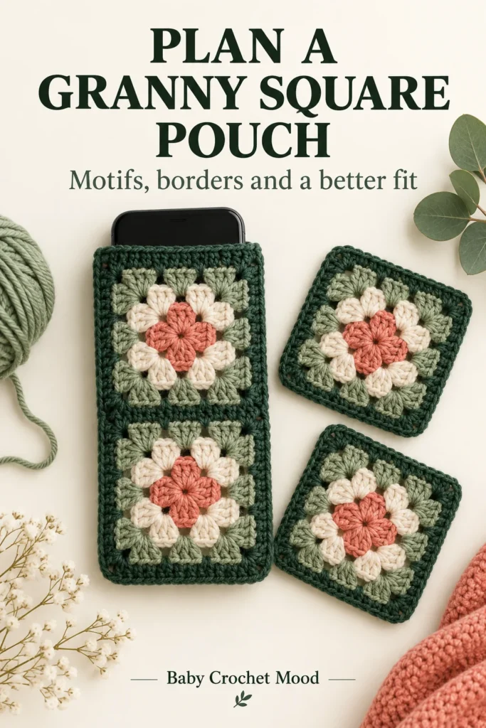 Granny Square iPhone 18 Pouch: Motifs, Panels and Fit Granny-square phone pouch with coral, cream and sage motifs, plus two loose square motifs.