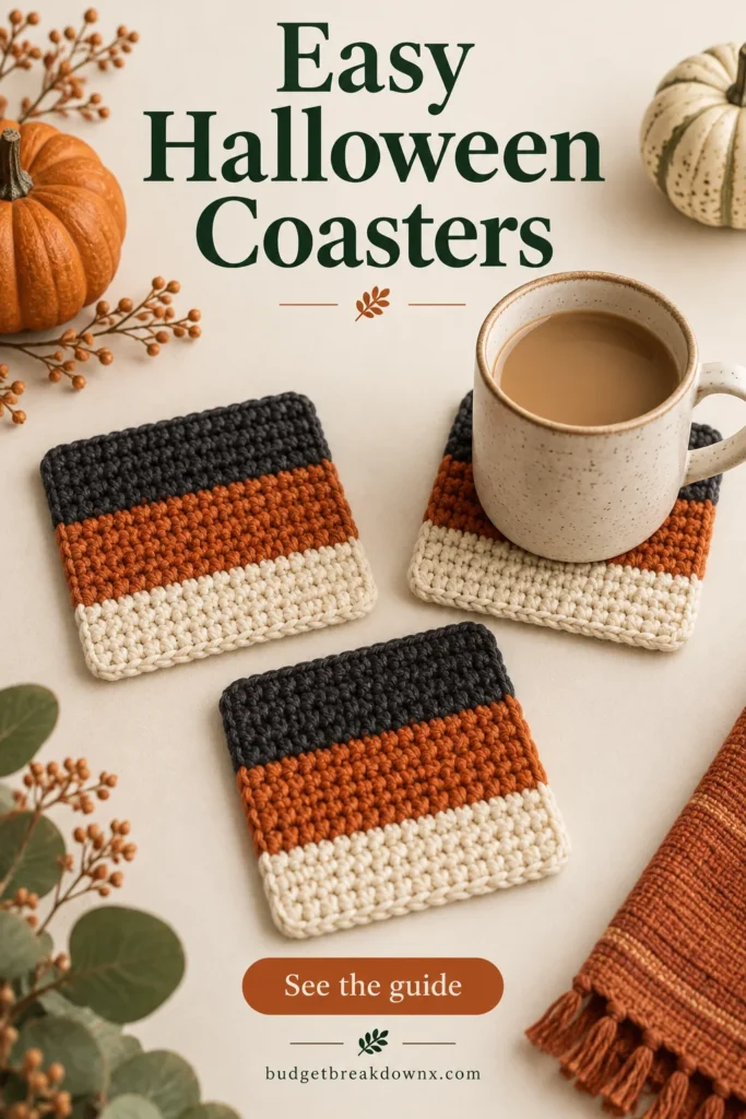 Three FLAT square crochet coasters, each divided into three horizontal bands charcoal, rust orange, cream, a ceramic room-temperature mug on one coaster — concept illustration