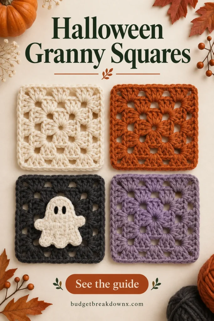 Halloween Crochet Granny Squares: Plan a Matching Set Four same-size classic crochet granny squares with clear cluster gaps and four corners, in cream, burnt orange, charcoal and muted lavender, laid out as a 2 by 2 flat arrangement — concept illustration