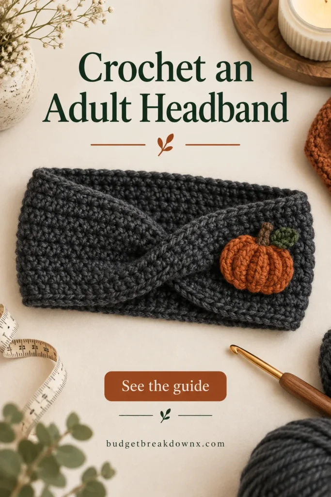 Halloween Crochet Headband: Fit an Adult Band and Add Motifs A soft flat charcoal crocheted adult headband loop with one small rust orange pumpkin applique fixed near the side — concept illustration