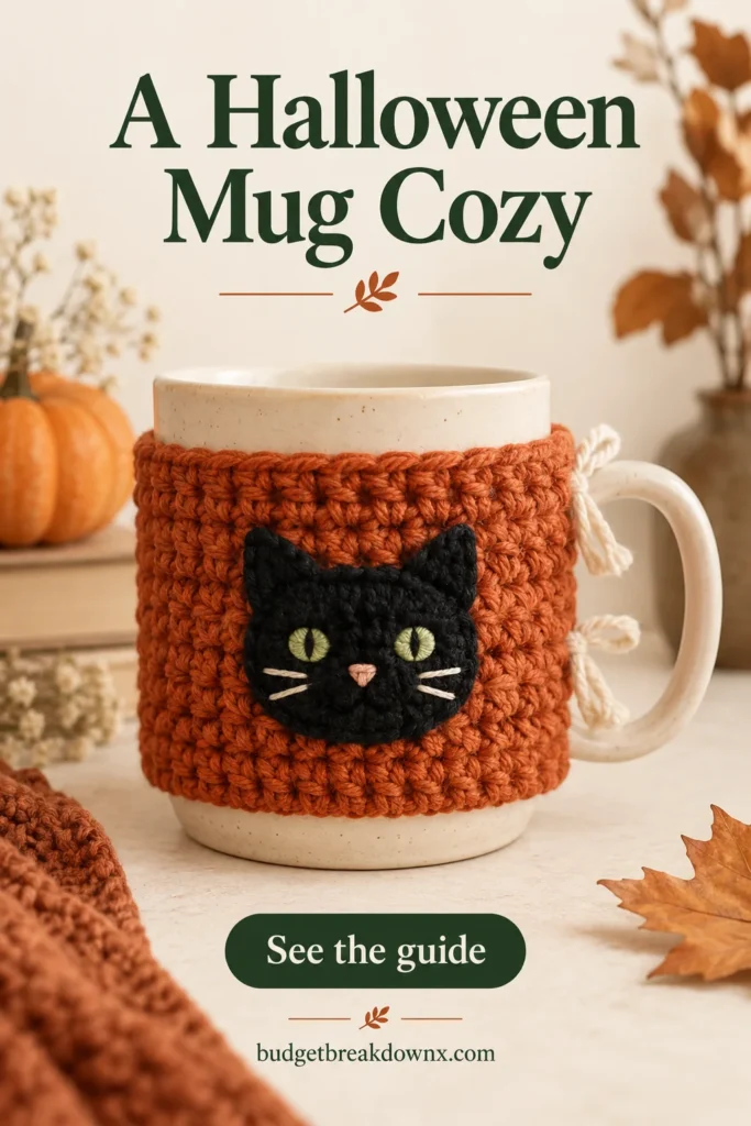 A plain ceramic mug with a dense rust orange crocheted rectangular wrap below the drinking rim, visible handle unobstructed and two short cream yarn ties behind handle — concept illustration