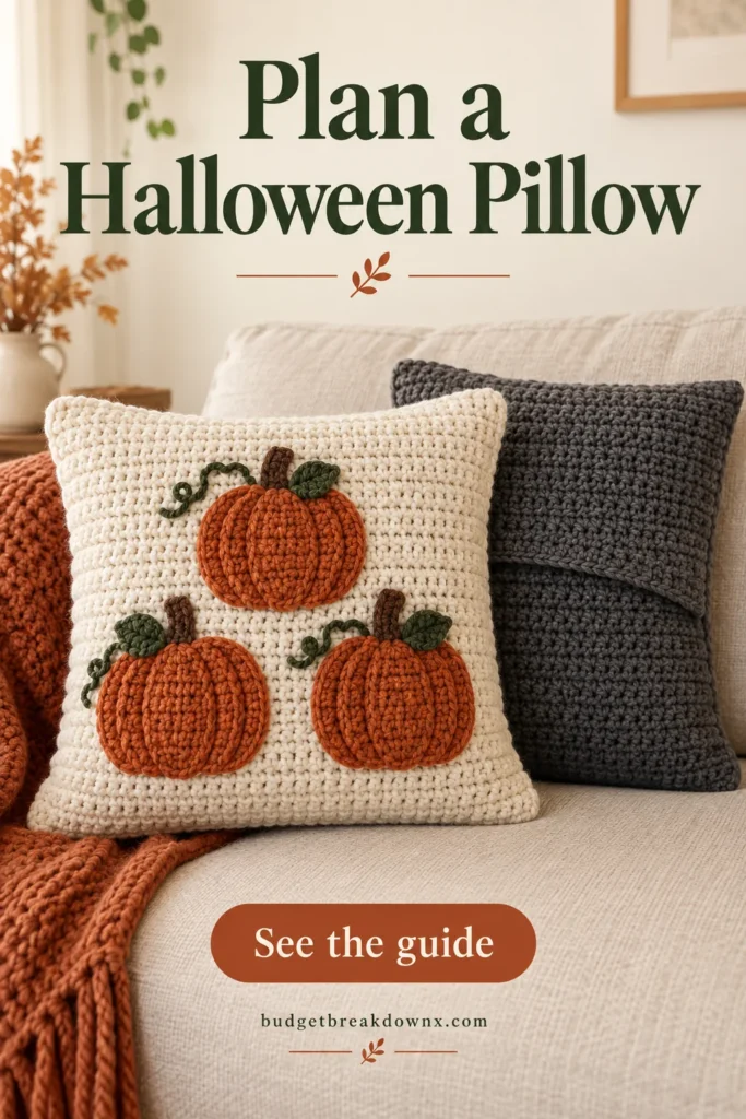 A square cream crochet decorative pillow with three flat orange pumpkin appliques on front, beside a folded charcoal crochet back panel showing overlapping envelope opening — concept illustration