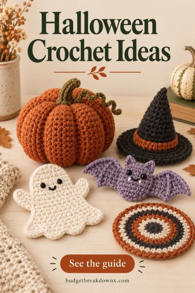 An inviting collection of ORIGINAL crochet concept objects: a rust orange ribbed pumpkin, flat cream ghost, lavender bat, small charcoal witch hat and striped coaster arranged on a warm cream craft table — concept illustration