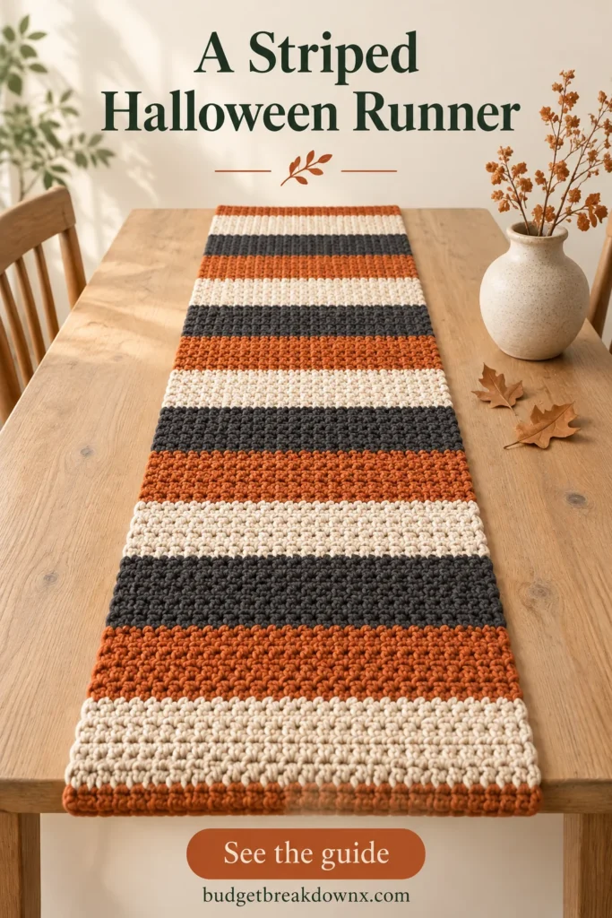 Long narrow FLAT dense crochet table runner with transverse cream, charcoal and rust orange stripes, laid straight down a light wooden table — concept illustration
