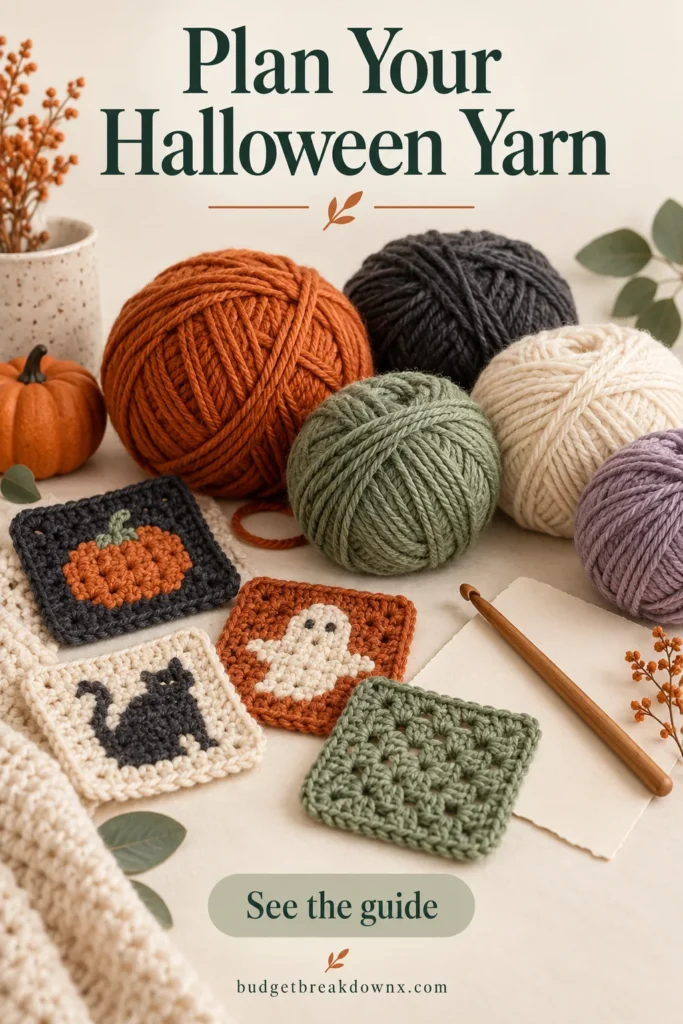 Thoughtfully arranged yarn balls and tiny crochet swatches in rust orange, charcoal, cream, sage green and muted lavender on a cream craft table, with unmarked paper planning card and wooden hook — concept illustration