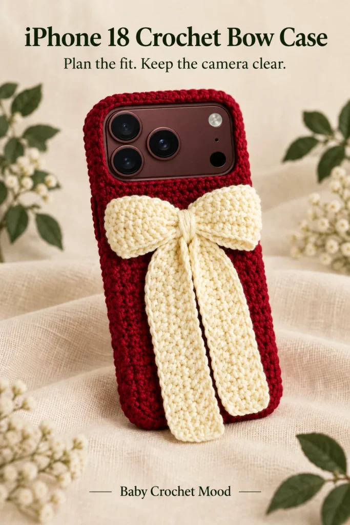 iPhone 18 Crochet Bow Case: Camera Cutout and Fit Guide Burgundy crochet bow-case concept with an ivory bow and long tails below the wide iPhone 18 Pro camera area.