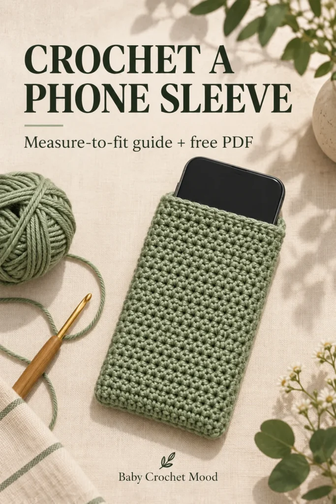 Sage crochet phone sleeve with an unbranded phone and yarn, in an illustrated free-PDF guide cover.