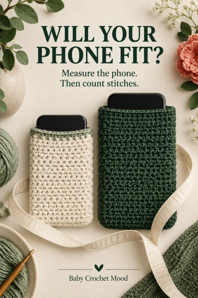 iPhone 18 Pro and Pro Max Crochet Pouch Size Guide Two differently sized crochet phone sleeves with a tape measure in a phone-pouch fitting guide illustration.