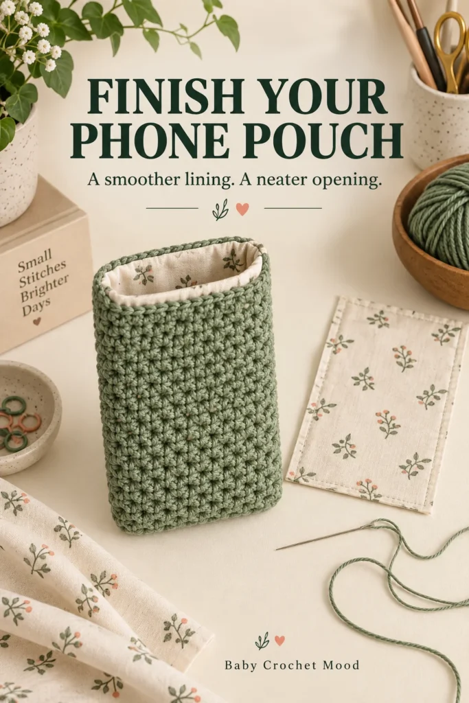 Sage crochet phone pouch with a cream floral lining, matching fabric and a sewing needle.