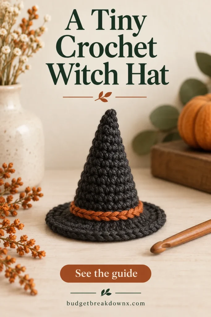 Mini Crochet Witch Hat: Cone, Brim and Shape Checks One miniature charcoal crochet witch hat with an upright pointed cone and modest flat circular brim, a simple rust orange yarn accent at base of cone — concept illustration