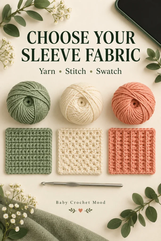 Sage, cream and coral yarn balls above three crochet fabric concept swatches and a hook.