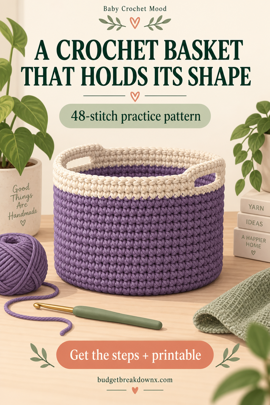 Illustrative purple crochet basket with a cream rim and two opposing handle openings