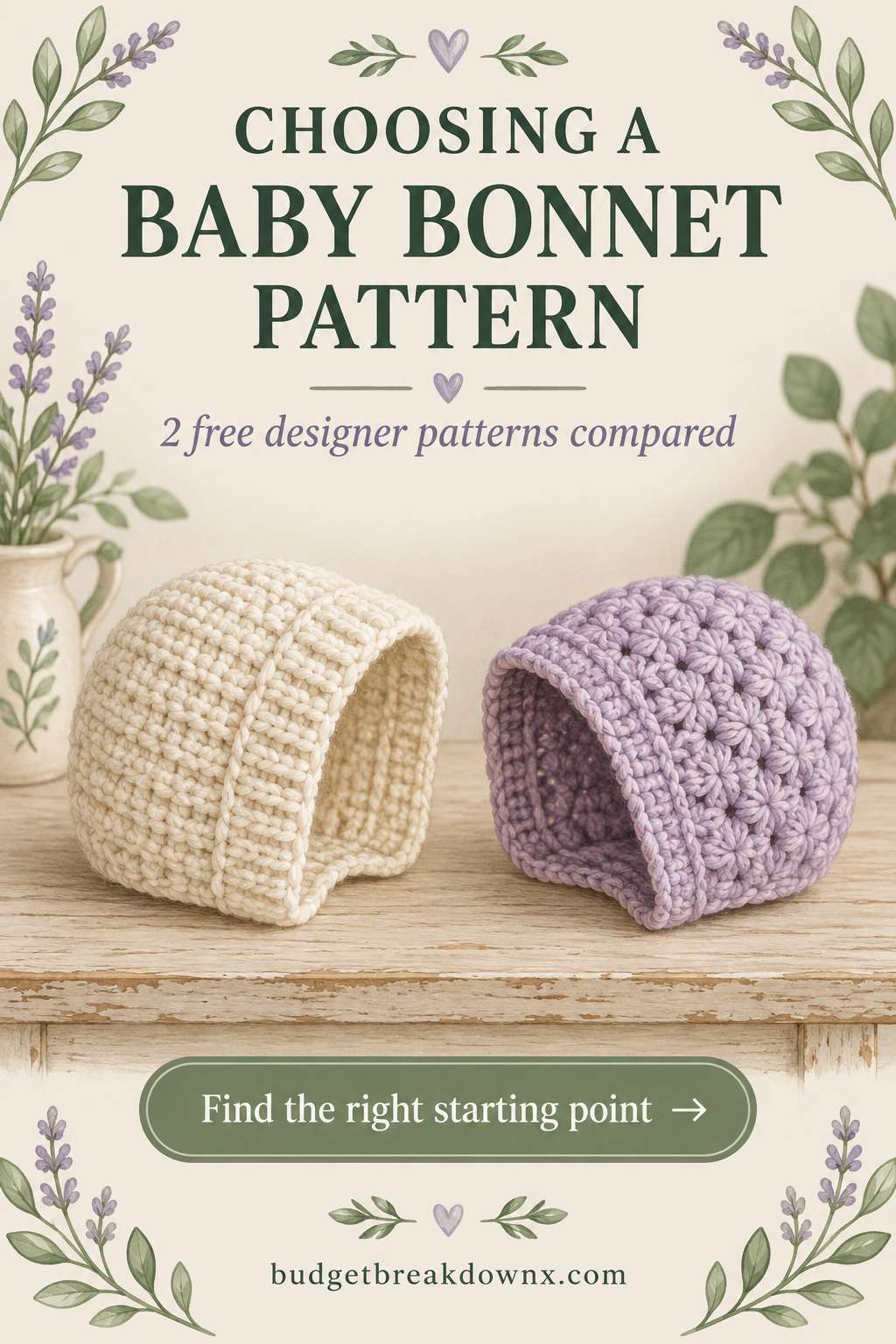 Free Crochet Baby Bonnet Patterns: Two Designer Tutorials Compared Illustrative cream and lavender crochet bonnet concepts